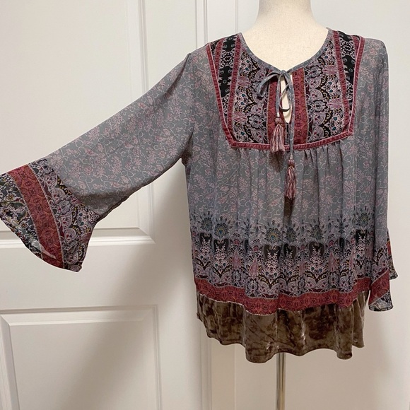 Knox Rose Boho Peasant Blouse XL Velvet Paisley Tassels Statement Sleeves Fairy - Picture 3 of 15